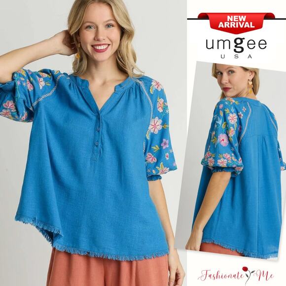 Umgee Half Button Embroidered Raglan Sleeves Raw Hem Smocked Blouse | Cerulean - Picture 1 of 5